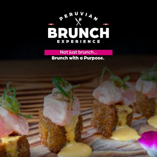 Peruvian Brunch Experience logo above a row of ceviche appetizers with sauce and garnish.