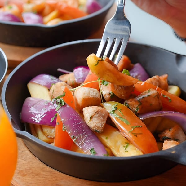A fork lifts a piece of Peruvian lomo saltado with chicken, potatoes, red onions, and carrots.